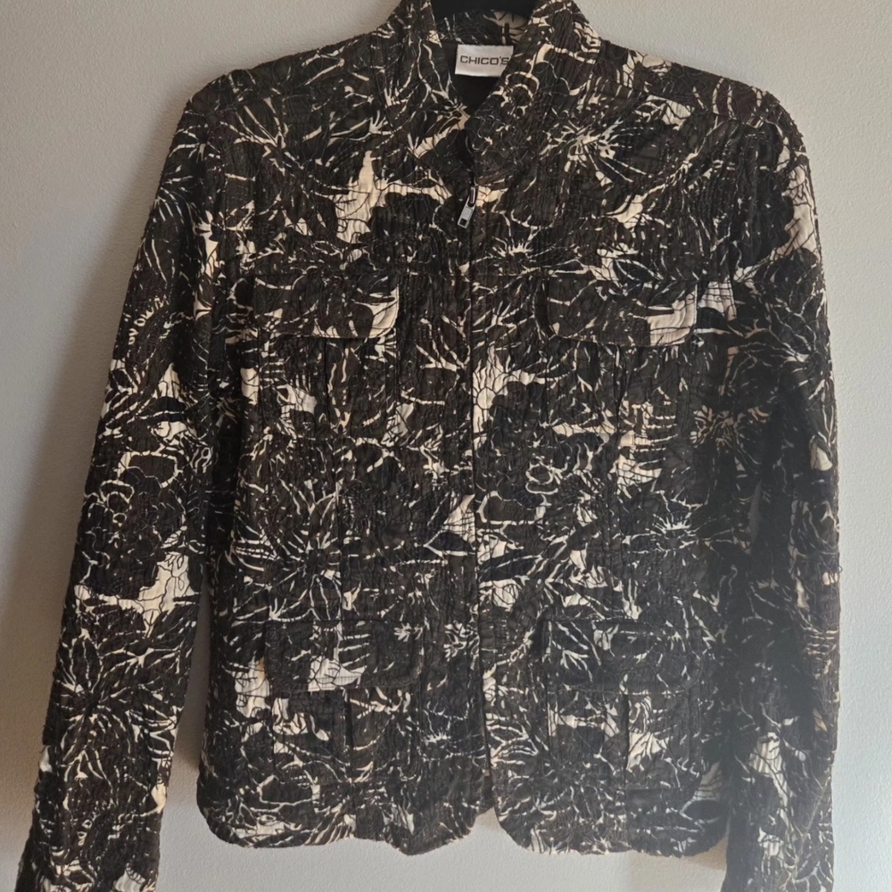 Chico's Floral Print Button Front Cream And Brown Jacket Crinkled  Size 1